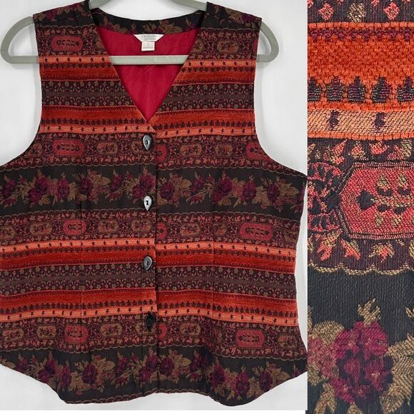 Christopher Banks Women's Floral Southern Tapestry Western Button Vest Red Large - Picture 1 of 10